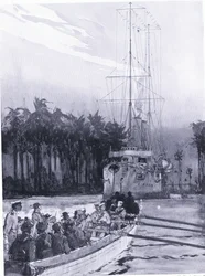 Überraschende Eroberung des deutschen Kanonenbootes Komet durch Leutnant J. M. Jackson vor der Küste von Neuguinea
